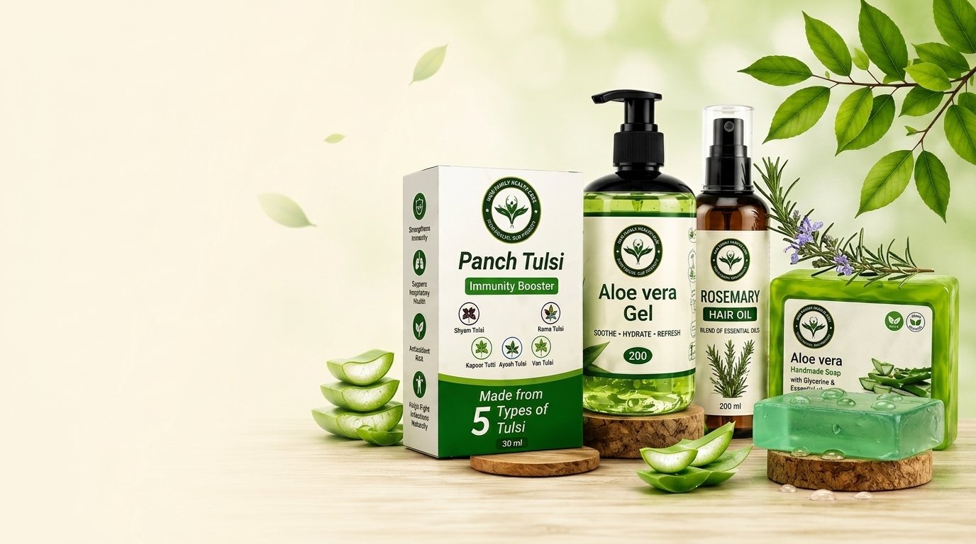 Natural Care Products: Panch Tulsi Immunity Booster, Aloe Vera Gel, Rosemary Hair Oil, and Aloe Vera Handmade Soap